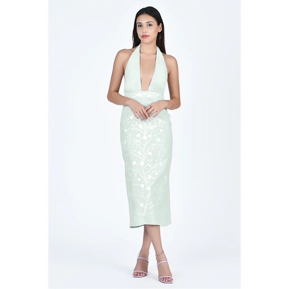 Fanm Mon Karla Linen Dress Mint Green Floral Embroidered Halter Plunge Large